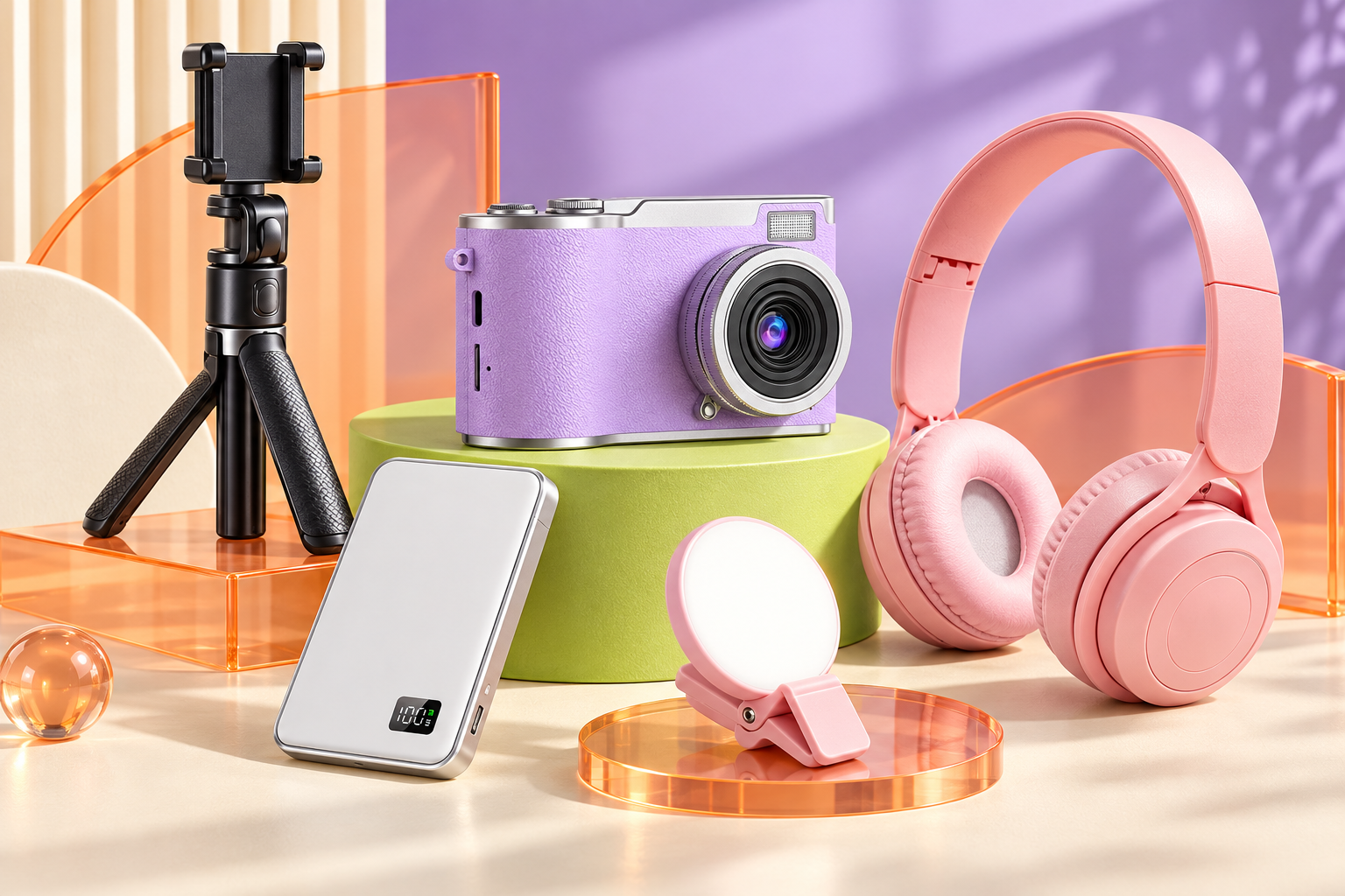 A clean studio arrangement of creator gear including a camera, headphones, tripod, light, and power bank